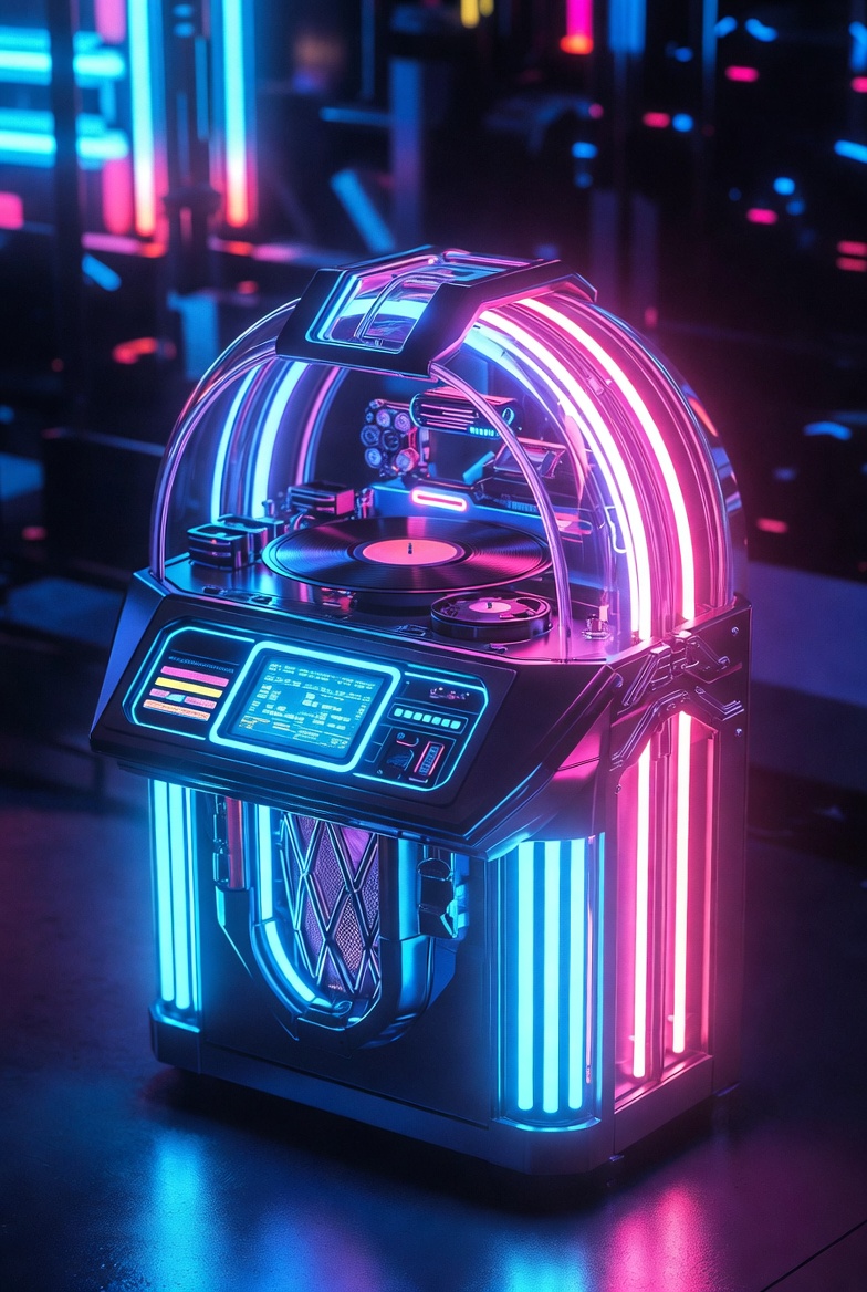 Futuristic neon jukebox for DiscoRevival.live
